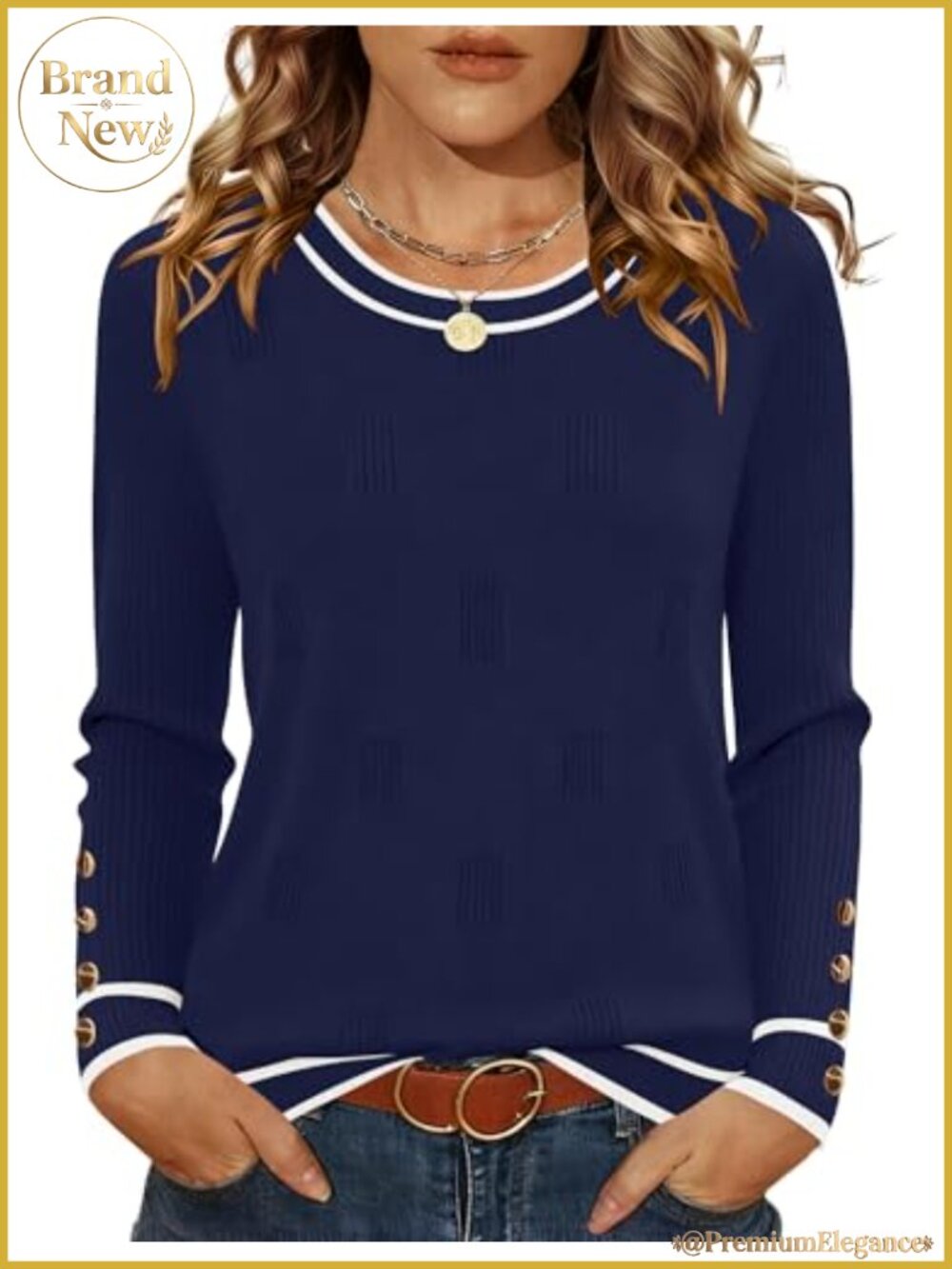 Womens Lightweight Knit Pullover Sweater Long Sleeve Crew Neck Decorative